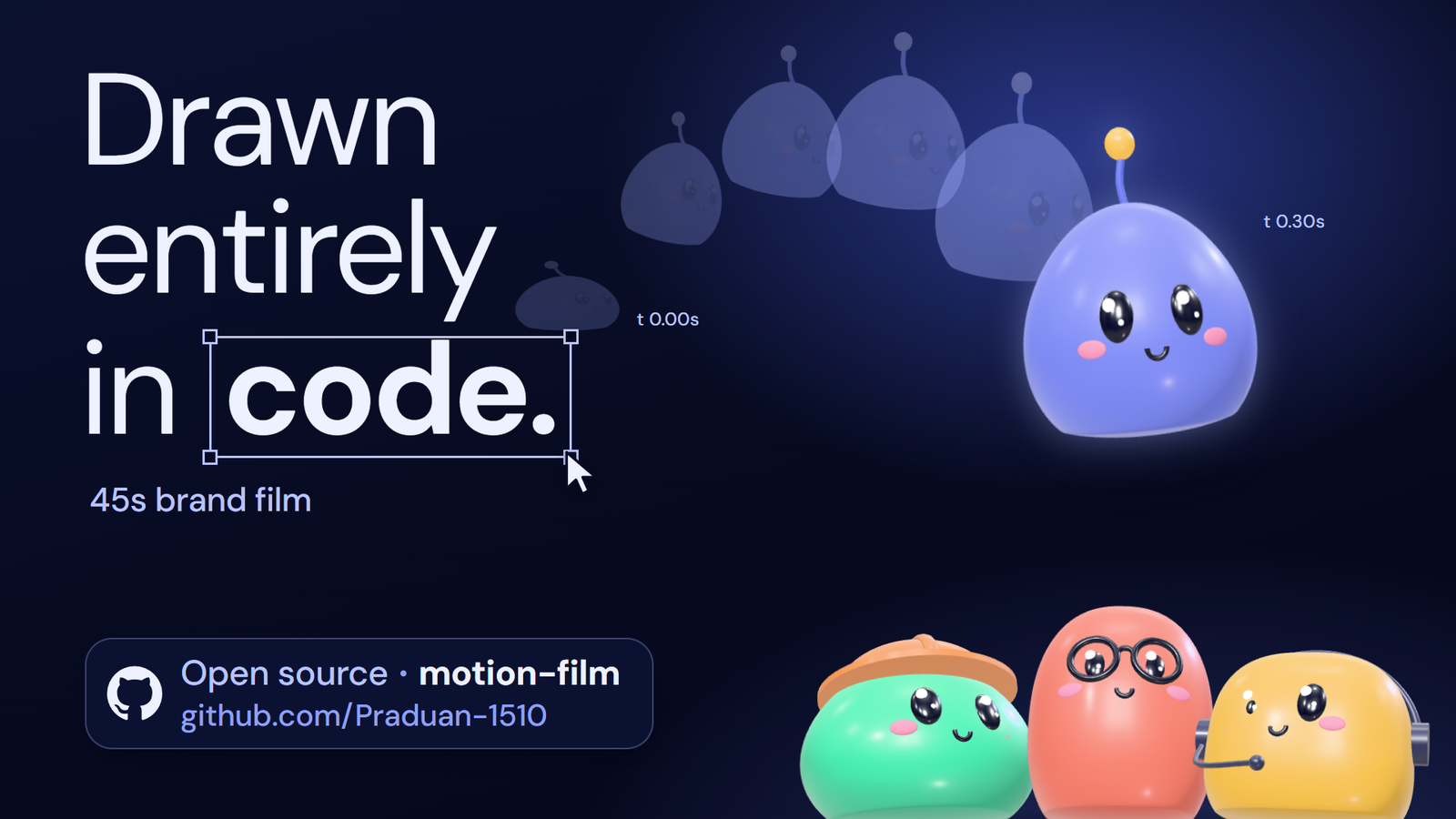 A 3D character leaps out of the word &ldquo;code.&rdquo; while three teammates watch: a frame from a 45 second brand film made with motion-film.